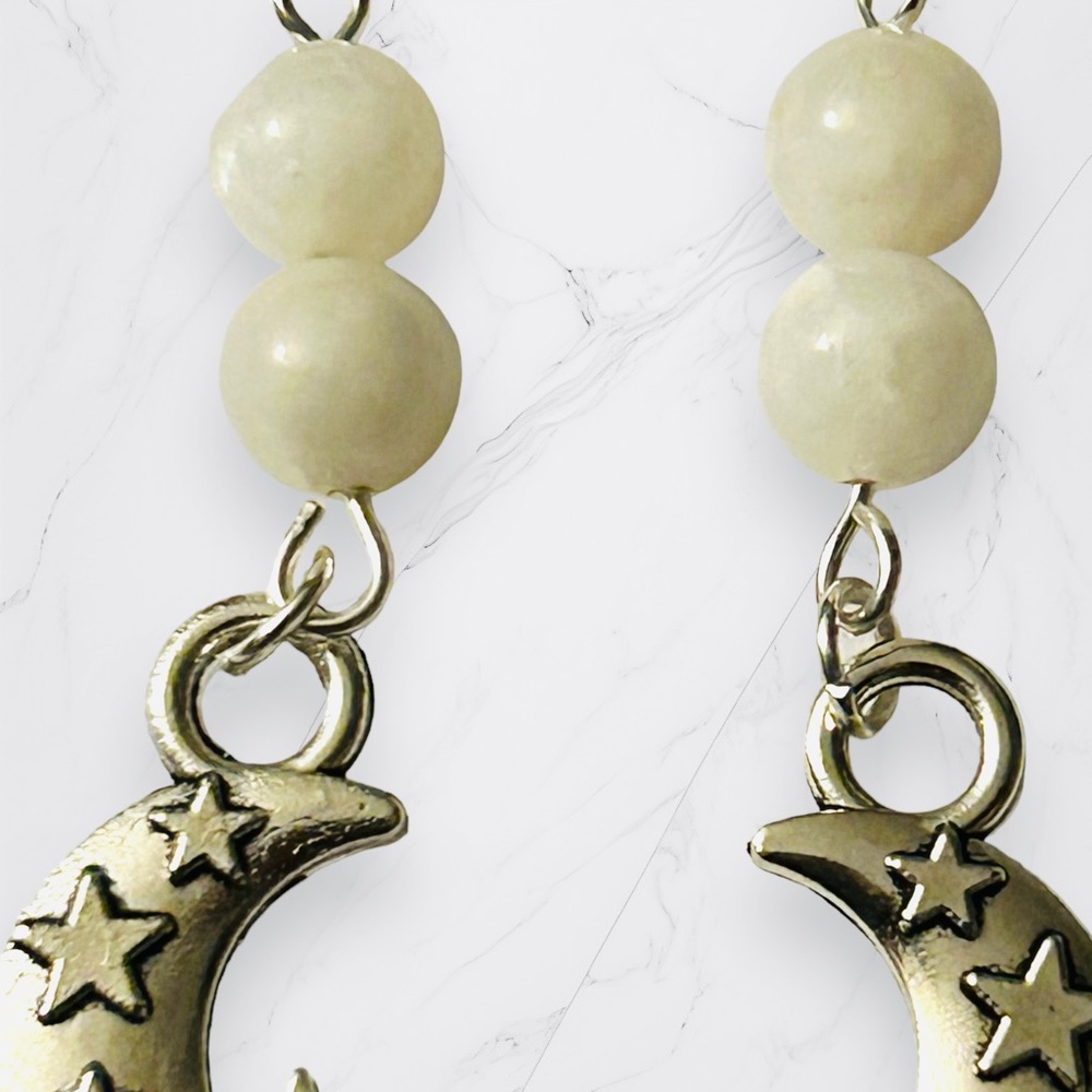 Hand Crafted Earrings Moonstone Moon & Star Dangle Pierced Silver White - Picture 3 of 9